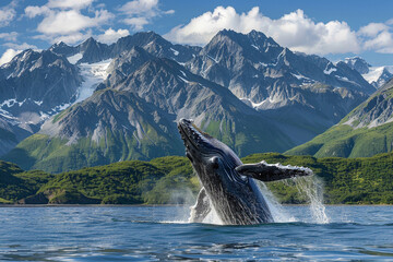 Obraz premium Majestic Whale Breach in Alaskan Waters with Glaciers and Mountains