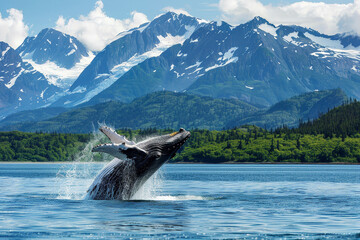 Obraz premium Majestic Whale Breach in Alaskan Waters with Glaciers and Mountains
