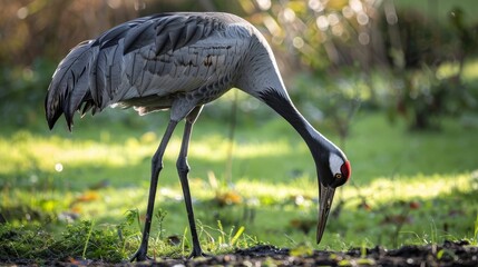 Fototapeta premium Grey crane foraging in green grass.