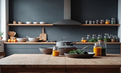 Bright minimalistic kitchen interior with gray furniture and big dining table on wooden floor. Cooking utensils and jars with food on countertop