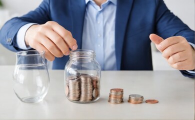 businessman saving money concept. hand holding coins putting in jug glass