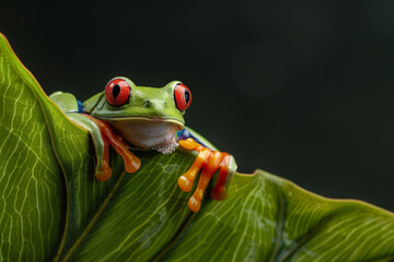 Naklejka premium Adult red-eyed tree frogs are bright green with many other colors mixed in