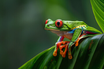 Naklejka premium Adult red-eyed tree frogs are bright green with many other colors mixed in