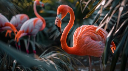 Flamingo group nestled in green foliage at dusk.