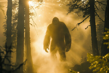 Bigfoot in the forest, mysterious sasquatch