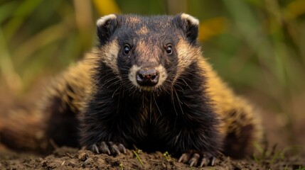 Badger looks up from its digging in the underbrush.