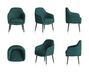 Set of six views of a chair with a velvet green cover, armrests, and four black legs with metal tips isolated on a transparent background. Front view, top view, two sides, two perspectives. 3d render