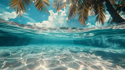 Fototapeta na wymiar Travel ad image super realistic photo like image, palms and sand and cristal clear water view under water and above water, generated with AI