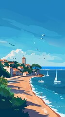 Fototapeta premium Travel poster,Arcachon, France. landscape vector illustration with flat style for poster, card, background, postcard, generated with AI