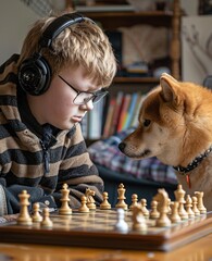 child playing chess with his dog