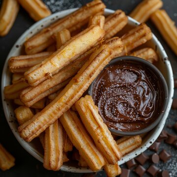 Top view of long churos in white bowl with nutella photoshoot, generated with AI
