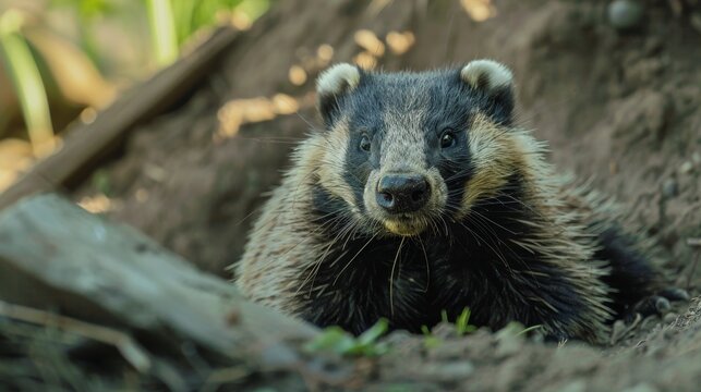 Badger with black and white face peering over a wooden log