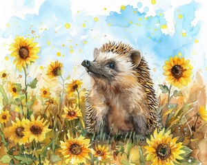 Charming hedgehog in a field of sunflowers, serene watercolor, bright pastels, hand drawn scene