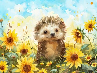 Bright pastel watercolor of a lively hedgehog in a sunflower field, serene nature scene, hand drawn