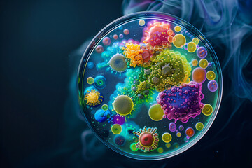 Petri dish with various of good and bad bacteria. Mixed of bacteria colonies. Scientific experiment. Joint vaccine search. COVID-19 control. Chemistry, biology and medicine concept