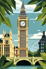 Vintage style bright colour cartoon illustration of Big Ben and Westminster Bridge viewed from a nearby park in very clean flat shaded vector art style, generated with AI - obrazy, fototapety, plakaty