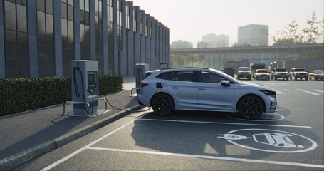 Generic electric car charging at station dock point in parking lot near shopping or office building. City street power hub providing eco-friendly sustainable supply for EV vehicle