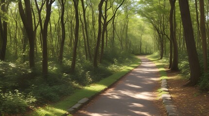 Tranquil Morning Sunlit Footpath in Deciduous Forest - Nature Walk, Outdoor Recreation, Health and Wellness, Environmental Conservation	