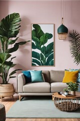 Fresh and stylish living room interior with tropical plants and modern furniture.