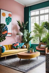 Fresh and stylish living room interior with tropical plants and modern furniture.