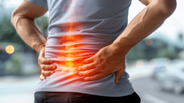 A person suffering from Back Pain. glow on the spine of bad posture, office syndrome backache, and stress of the body.