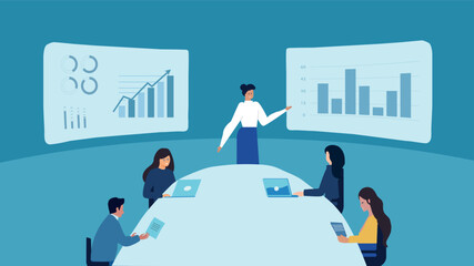 Leader. Presentation. Strategy. Business vector illustration people working together at a desk