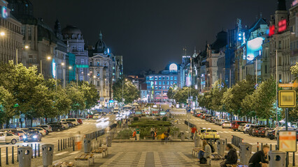 Wenceslas Square in Prague at night timelapse, dusk time, top view.