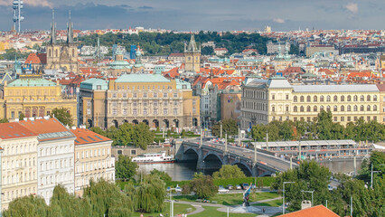 Beautiful View On Prague In Czech Republic timelapse With Flowing River Vltava And With Zizkov...