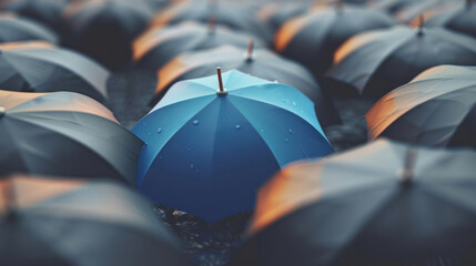 Blue umbrella on top of other gray umbrellas. Business and safety concept