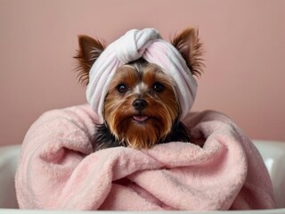 Yorkshire Terrier, looking into the camera with a white towel turban on its head, lies on a pink towel against a pink background