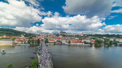 Charles Bridge and Prague Castle timelapse, view from the Bridge tower, Czech Republic