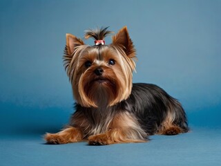 Satisfied Yorkshire Terrier looking in the camera lies on a blue background