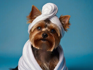 Satisfied Yorkshire Terrier looking away with a white towel turban on its head lies on a blue background
