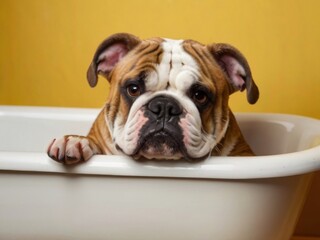 Satisfied English bulldog lies in a mini bathtub on a yellow background