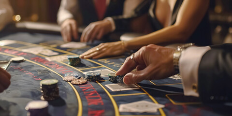 Focused hands placing chips on a blackjack table with cards and players in a luxurious casino atmosphere.