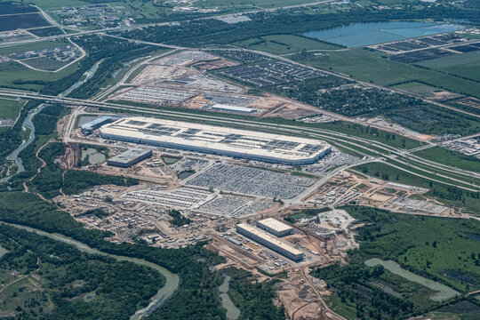 Aerial view of the Tesla Giga Factory outside of Austin, Texas which is the second largest factory in the United States	