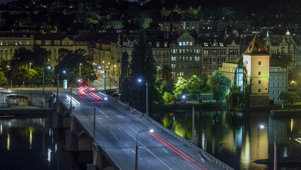 Jirasek Bridge on the Vltava river night timelapse in Prague, Czech Republic