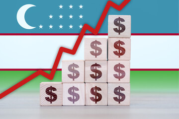 Uzbekistan economic collapse, increasing values with cubes, financial decline, crisis and downgrade...
