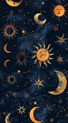 Seamless Navy Blue Background with Hand-drawn Gold Stars, Moons, and Suns Illustration