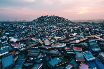 Fototapeta premium A colossal pile of discarded electronics forms a mountain of e-waste under the fading light of a setting sun, highlighting the environmental impact of consumerism.