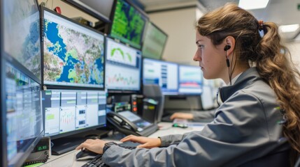 A woman with a headset working at a multi-monitor workstation, possibly in a control center or operations room with various maps and data on screens.
