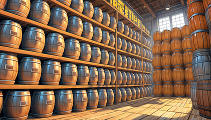 Warehouse with large wooden barrels. Generative AI