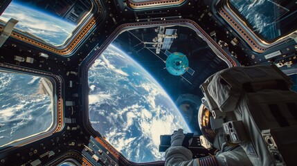 A stunning view of Earth seen from the International Space Station's cupola module with an astronaut's silhouette against the vastness of space.