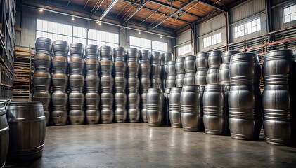 Warehouse with large iron beer barrels. Generative AI