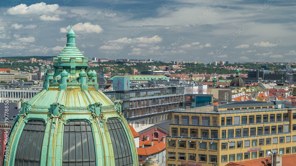 Wall mural view from the height powder tower in prague timelapse. historical and cultural monument