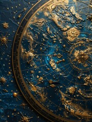 Fototapeta premium Celestial Zodiac Splendor: Dark Blue Background with Gold Astrological Zodiac Items and Symbols