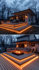 a deck with lights on the outside of a house
