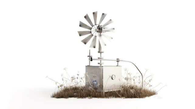 Monochromatic image of a windmill and pump amidst dry grass on a white background.