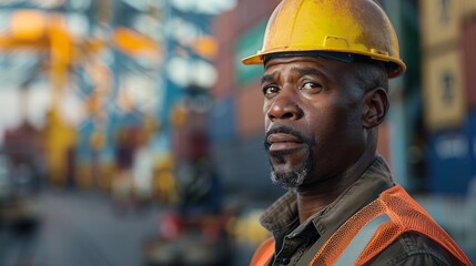 A man in a yellow hard hat and orange vest stands in front of a building