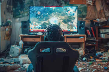 Back view of a person gaming intensely, with headphones on, in a messy room filled with various items and a large screen display.